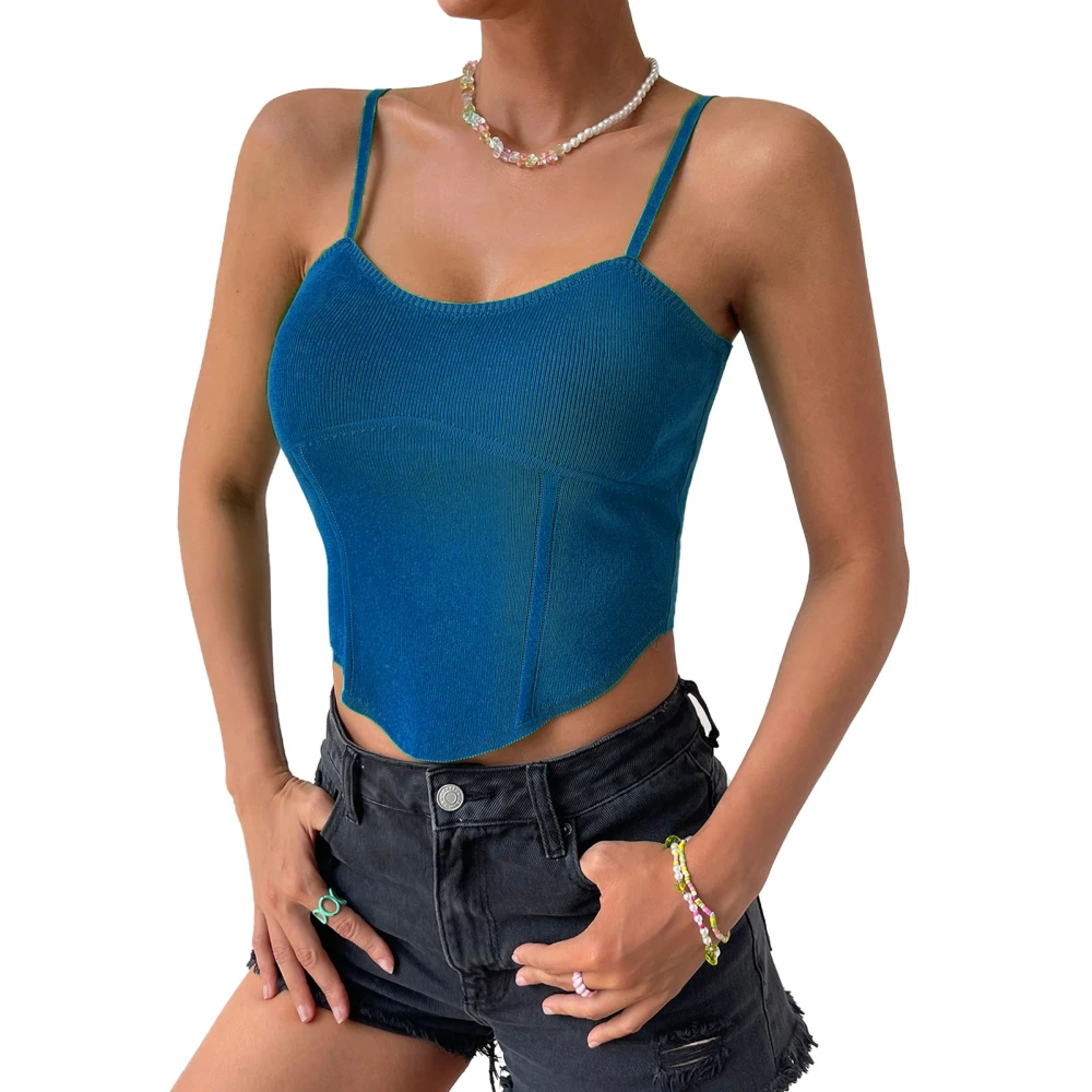 Women Ribbed Knit Camisole Tank Top Asymmetrical Hem Strappy Slim Fit Spaghetti Strap Shirt Blue M