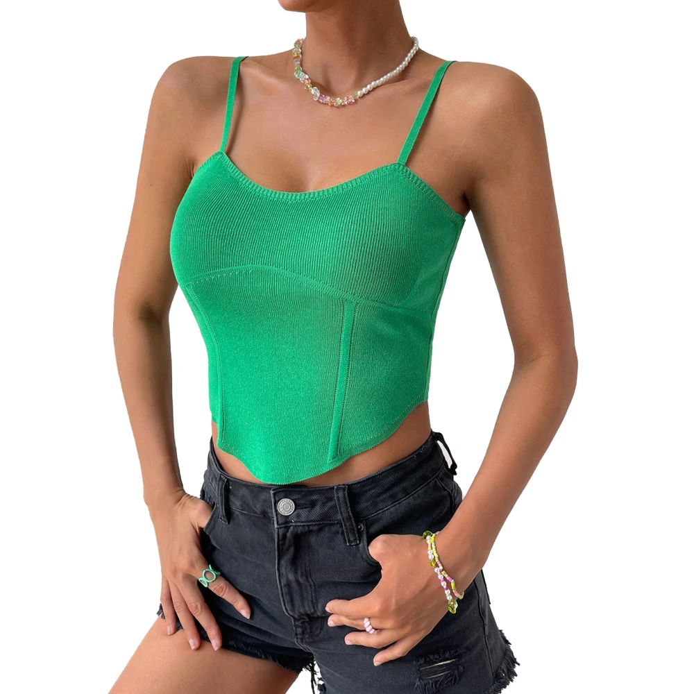 Women Ribbed Knit Camisole Tank Top Asymmetrical Hem Strappy Slim Fit Spaghetti Strap Shirt Green S