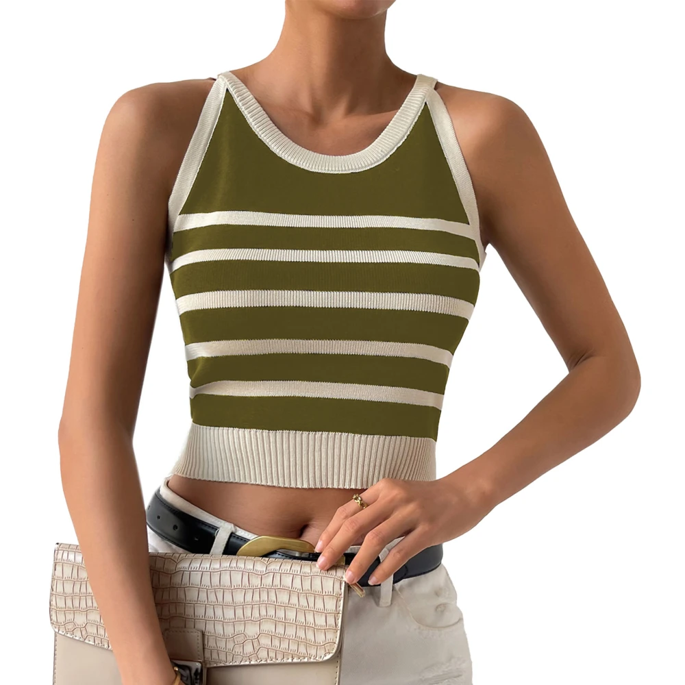 Women Knit Tank Top Striped Slim Fit Round Neck Fashion Women Sleeveless Short Top for Office Party Daily Green M