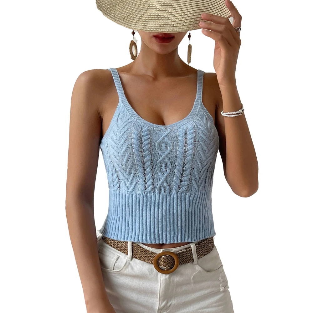 Crewneck Cable Knit Tank Top Women Elegant Fashionable Pure Color Slim Fit Camisole Sleeveless Shirt Skyblue S