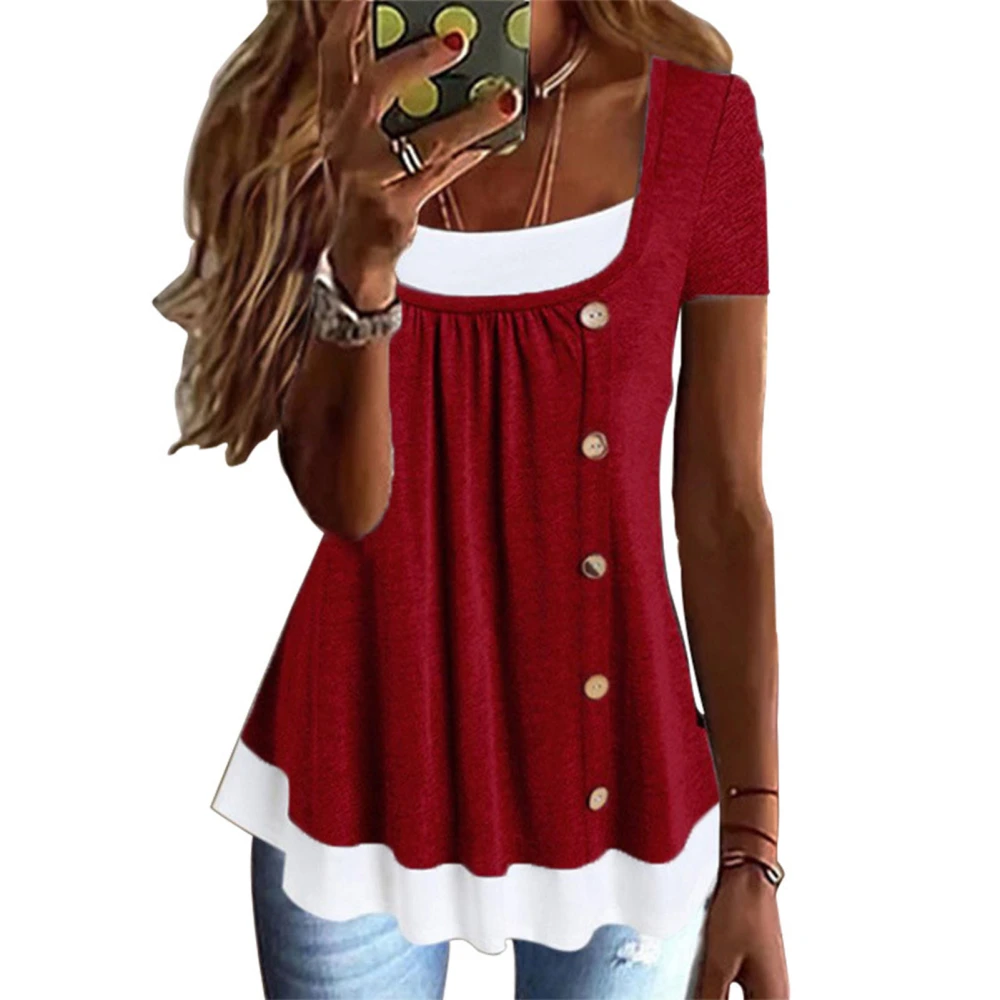 2 in 1 T Shirt Pleated Front Button Trim Loose Fitting Summer Casual Blouse for Women Wine Red S