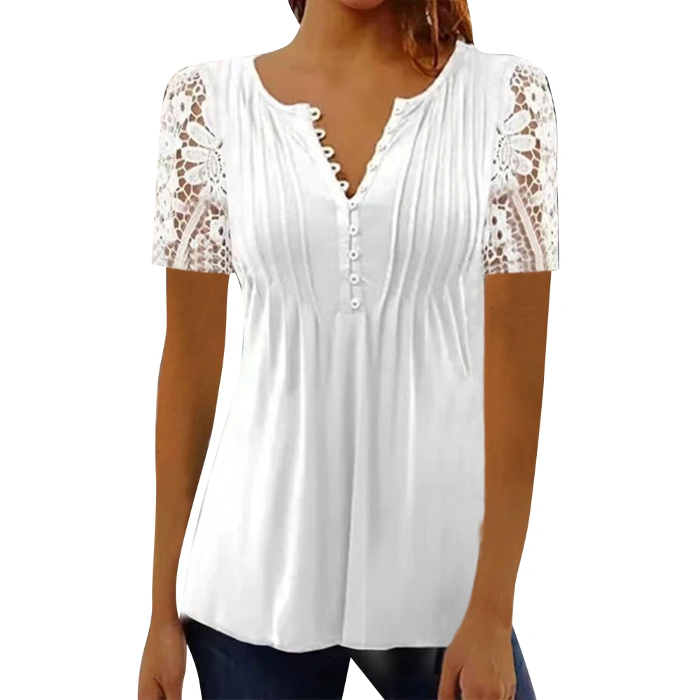 Women Floral Lace Blouse Short Sleeve Elegant Pleated Button Front T Shirt for Summer White L