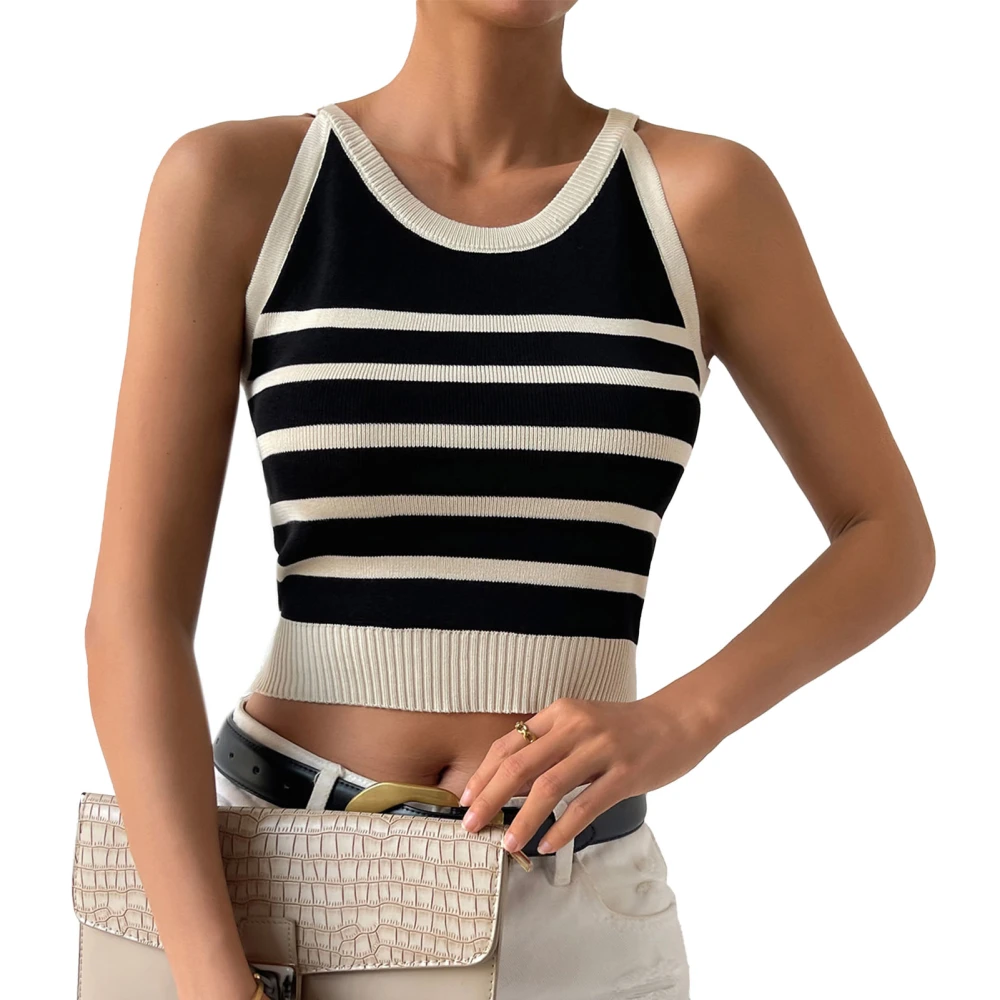 Women Knit Tank Top Striped Slim Fit Round Neck Fashion Women Sleeveless Short Top for Office Party Daily Black L