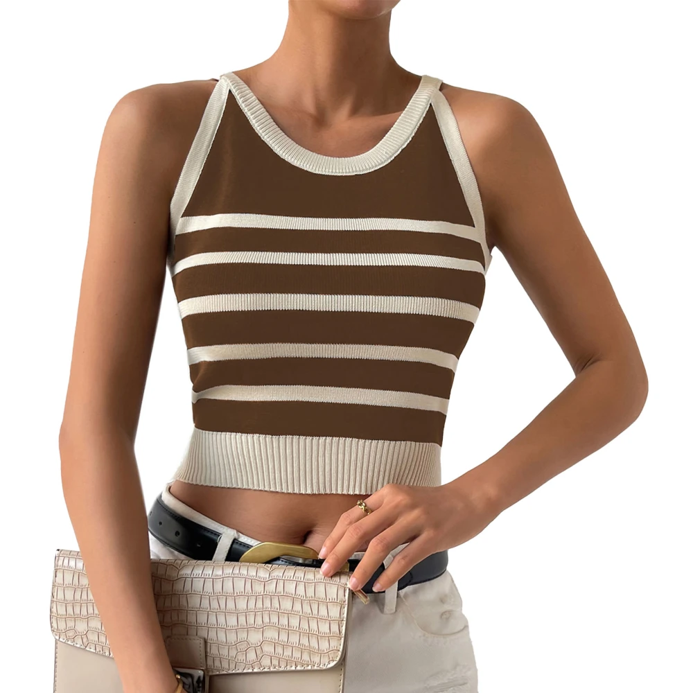 Women Knit Tank Top Striped Slim Fit Round Neck Fashion Women Sleeveless Short Top for Office Party Daily Khaki M