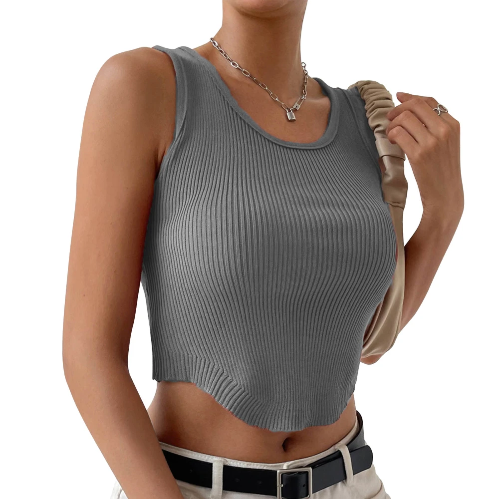 Sleeveless Knitted Tank Round Neck Ribbed Elastic Knit Basic Camisole for Women Lady Summer Grey L