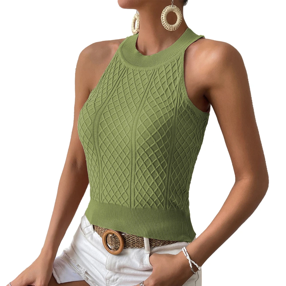 Women Halter Tank Top for Summer Cable Knit Casual Slim Fit Pure Color Sleeveless Shirt Green S