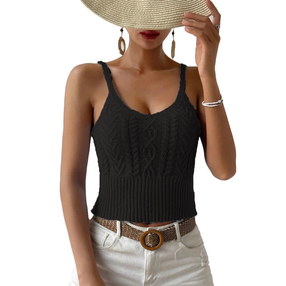 Crewneck Cable Knit Tank Top Women Elegant Fashionable Pure Color Slim Fit Camisole Sleeveless Shirt Black M