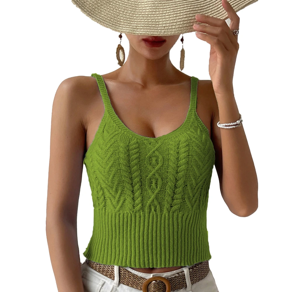 Crewneck Cable Knit Tank Top Women Elegant Fashionable Pure Color Slim Fit Camisole Sleeveless Shirt Green M