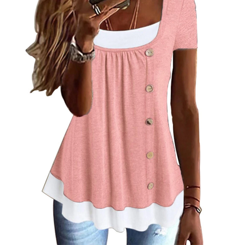 2 in 1 T Shirt Pleated Front Button Trim Loose Fitting Summer Casual Blouse for Women Pink XL