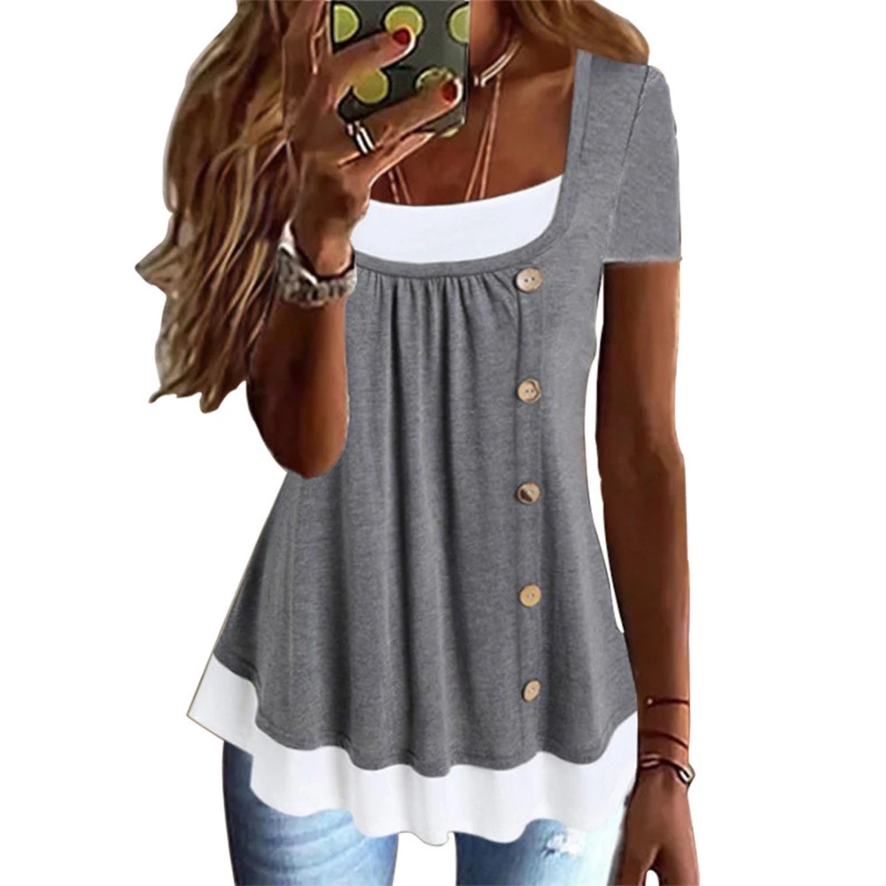 2 in 1 T Shirt Pleated Front Button Trim Loose Fitting Summer Casual Blouse for Women Grey S