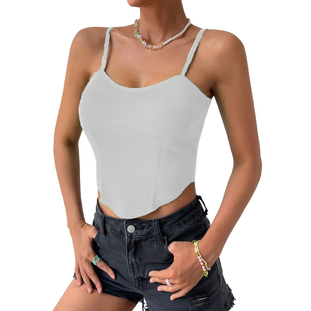 Women Ribbed Knit Camisole Tank Top Asymmetrical Hem Strappy Slim Fit Spaghetti Strap Shirt White S