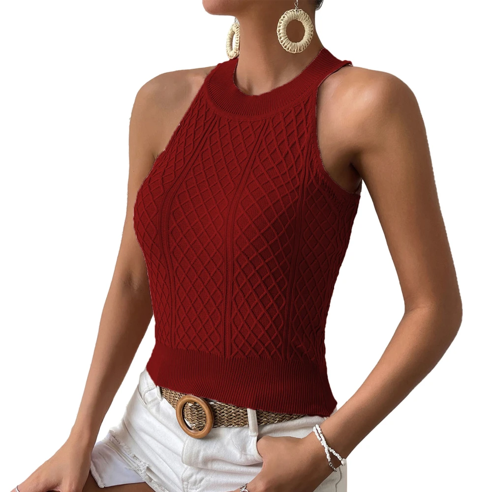 Women Halter Tank Top for Summer Cable Knit Casual Slim Fit Pure Color Sleeveless Shirt Wine Red L