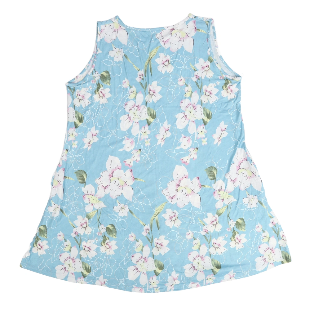 Women Sleeveless Dress Round Neck Floral Printing Summer Beach Dress with Side Pockets Light Blue XXL