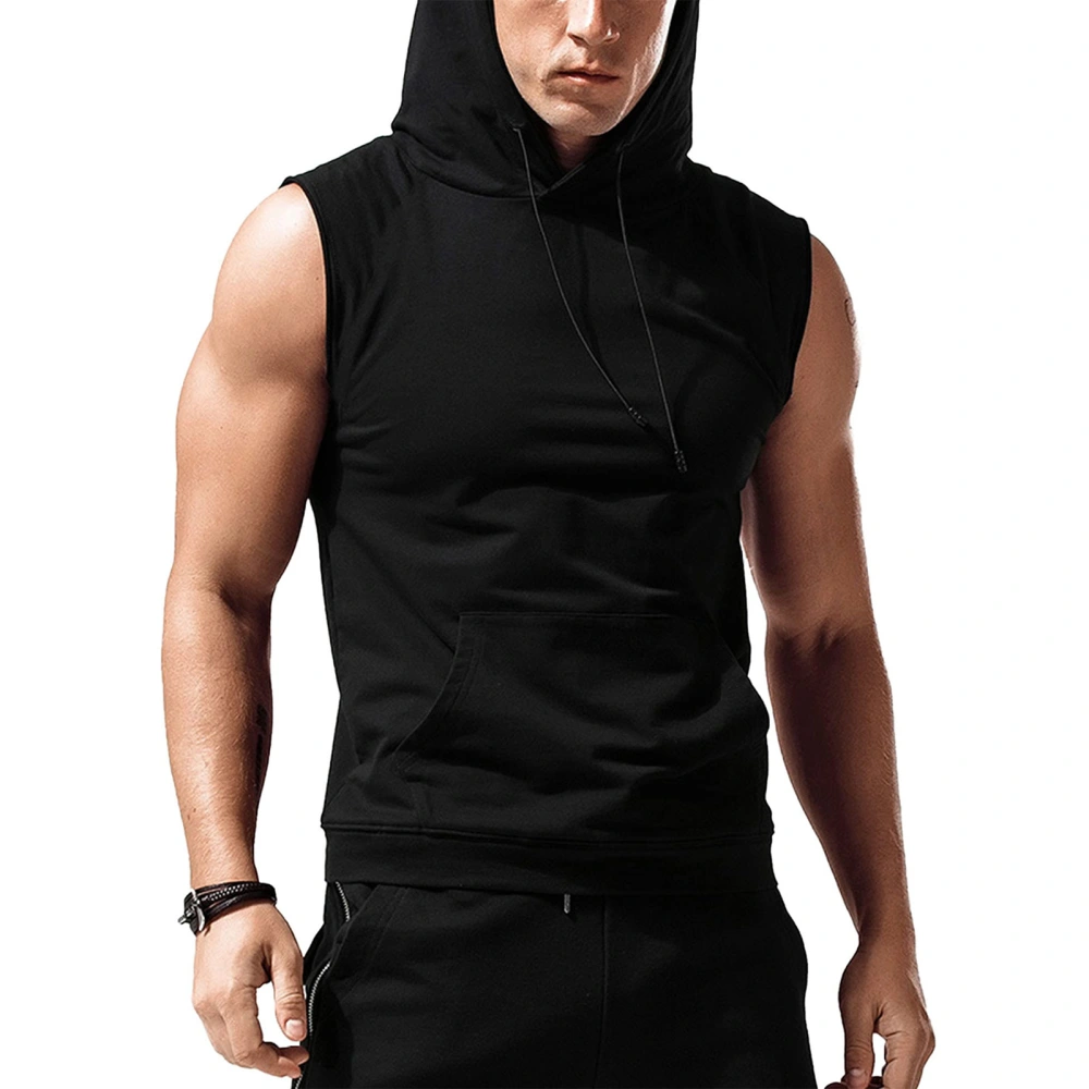 Men Hooded Tank Top Drawstring Front Pocket Pure Color Sports Sleeveless Running Shirts Black 2XL