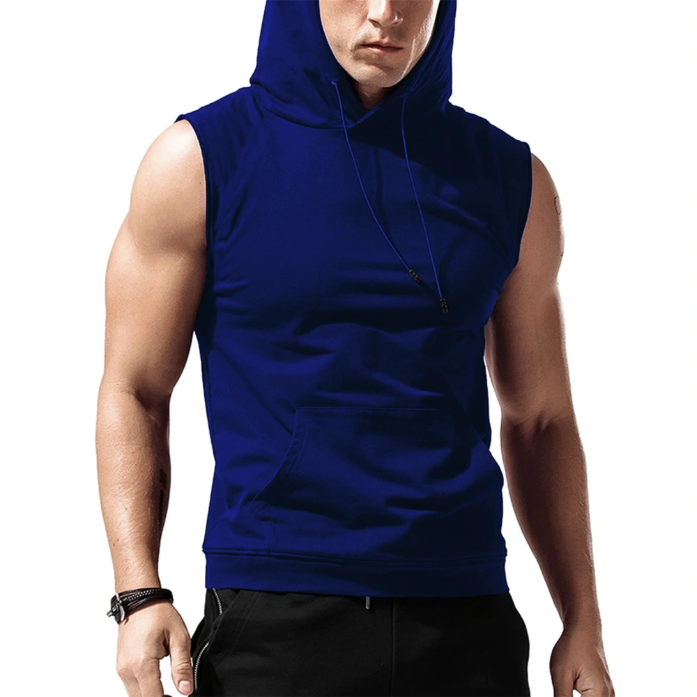 Men Hooded Tank Top Drawstring Front Pocket Pure Color Sports Sleeveless Running Shirts Blue M