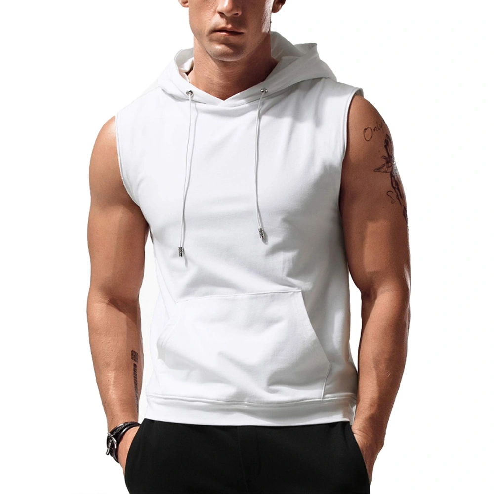 Men Hooded Tank Top Drawstring Front Pocket Pure Color Sports Sleeveless Running Shirts White 3XL