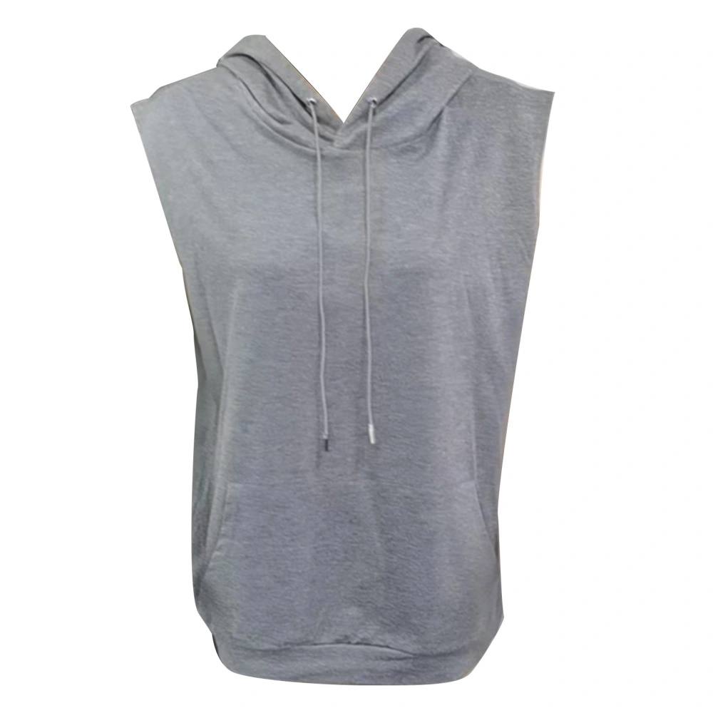 Men Hooded Tank Top Drawstring Front Pocket Pure Color Sports Sleeveless Running Shirts Light Gray L