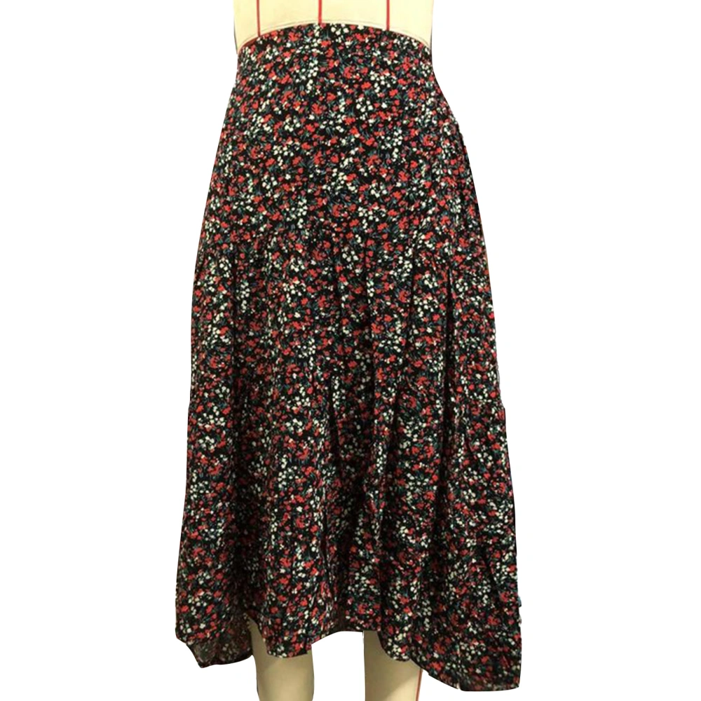 Women Floral Skirt Elastic High Waist Ruffle Hem A Line Beautiful Printing Skirt for Summer Wear Black M