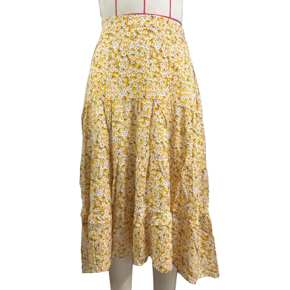 Women Floral Skirt Elastic High Waist Ruffle Hem A Line Beautiful Printing Skirt for Summer Wear Yellow XL