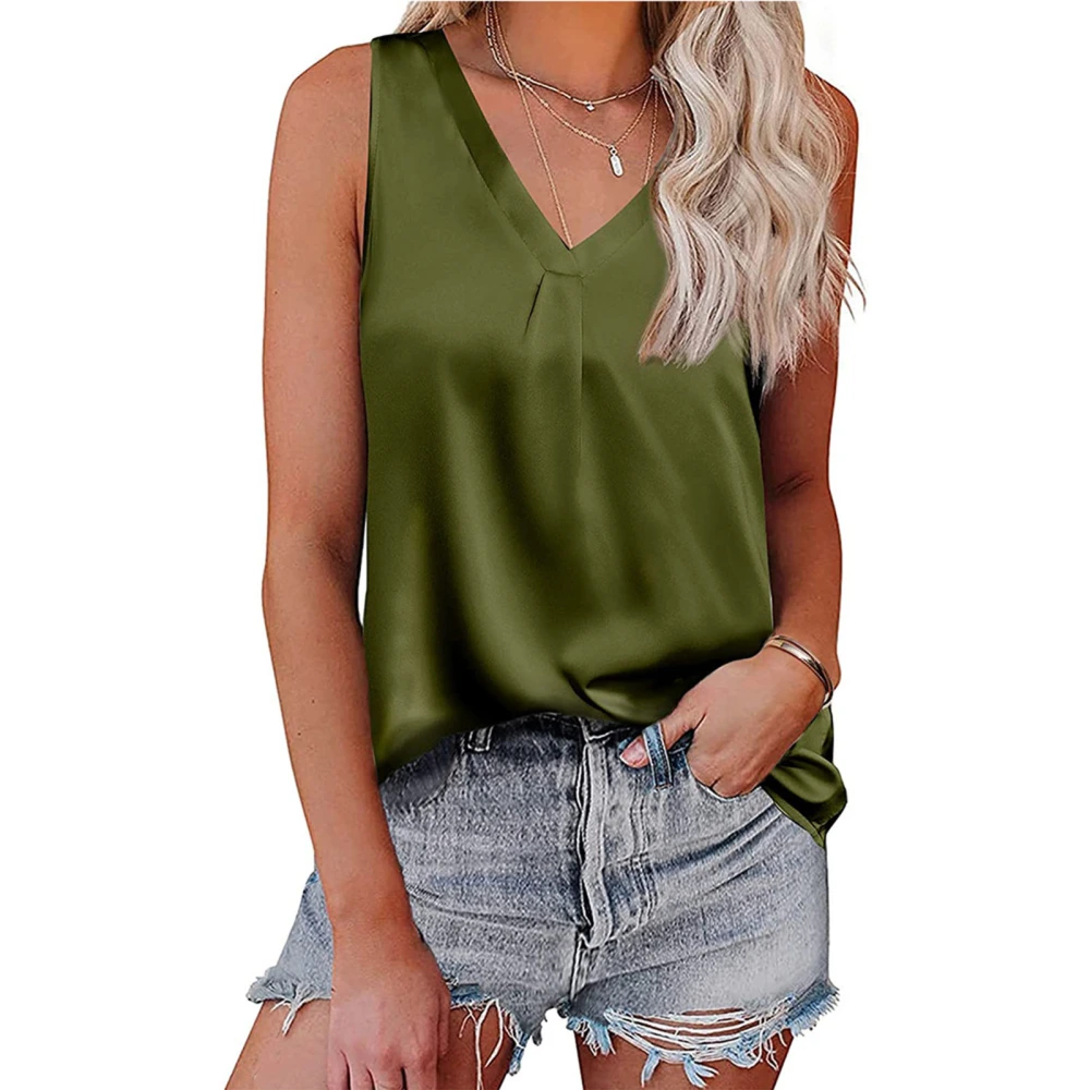 Women V Neck Tank Top Pure Color Satin Finish Fashionable Sleeveless Satin Plain Color Top OD Green L