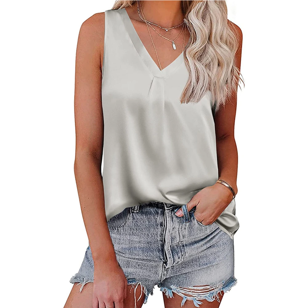 Women V Neck Tank Top Pure Color Satin Finish Fashionable Sleeveless Satin Plain Color Top Light Gray XXL