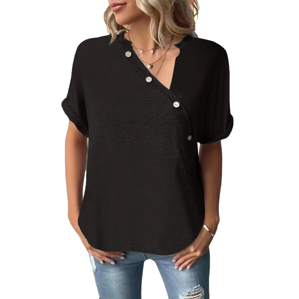 Women Top Short Roll Sleeves Shirt Irregular Neck Curved Hem Blouse Button Pure Color Shirt Black XXL