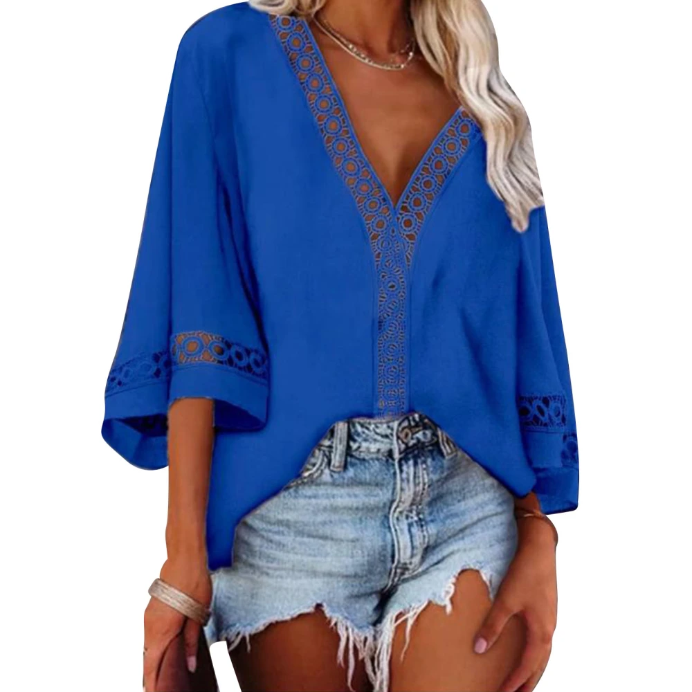 Plain Color Lace Crochet Top Women Fashionable Loose Casual V Neck Hollow Shirt Blouse for Beach Party Royalblue M