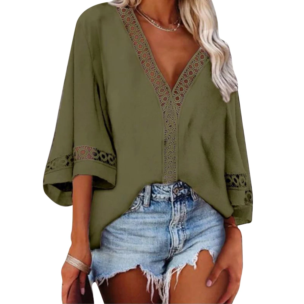 Plain Color Lace Crochet Top Women Fashionable Loose Casual V Neck Hollow Shirt Blouse for Beach Party Green L