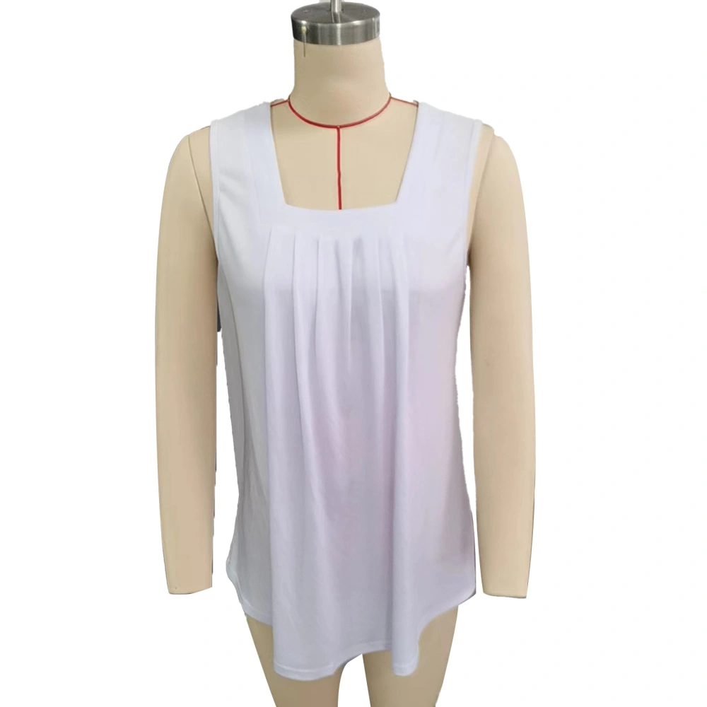 Women Tank Top Front Pleated Trim Loose Fitting Pure Color Summer Sleeveless Vest for Daily Wear White L