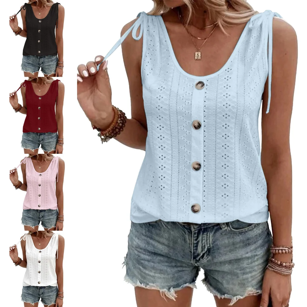 Women Summer Top Eyelet Sleeveless U Neck Pure Color Single Breasted Tie Shoulder Shirt Top Sky Blue XXL