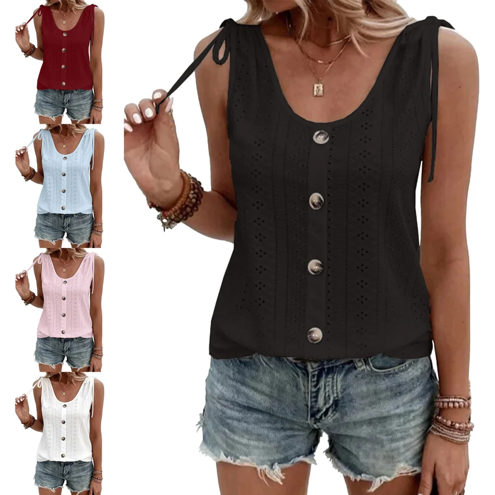 Women Summer Top Eyelet Sleeveless U Neck Pure Color Single Breasted Tie Shoulder Shirt Top Black M