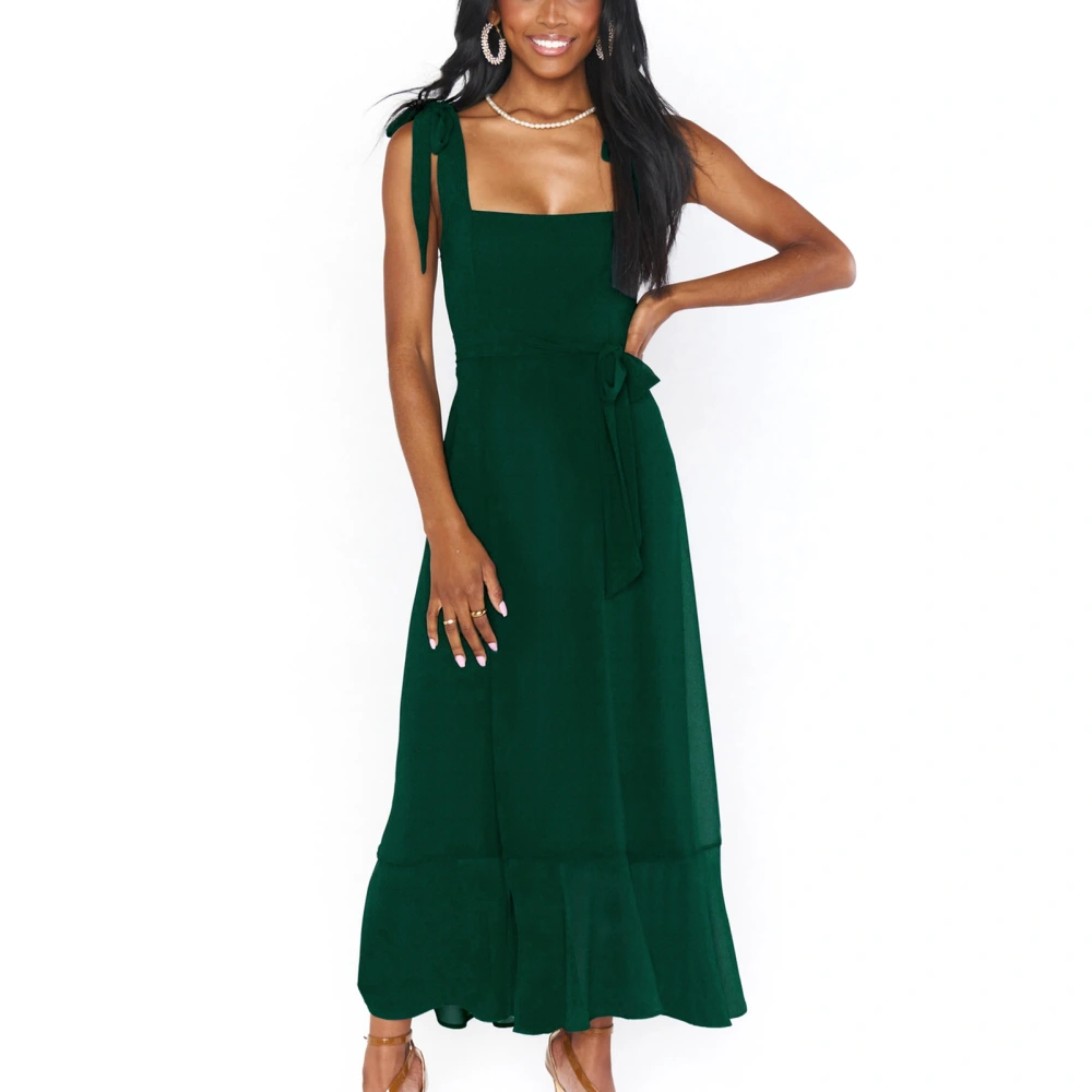 Women Sleeveless Dress Lace Up Shoulder Straps Ruffle Hem High Waist Belted Side Slits Summer Dress Blackish Green M