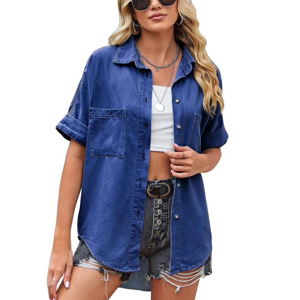 Women Coat Short Sleeves Turn Down Collar Button Closure Pockets Curved Hem Summer Jacket Coat Dark Blue L