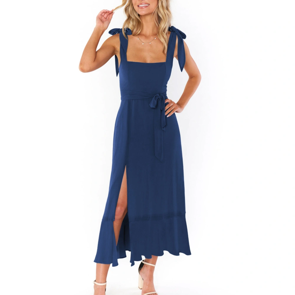 Women Sleeveless Dress Lace Up Shoulder Straps Ruffle Hem High Waist Belted Side Slits Summer Dress Navy Blue M