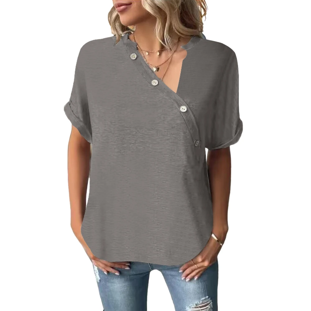 Women Top Short Roll Sleeves Shirt Irregular Neck Curved Hem Blouse Button Pure Color Shirt Grey XL