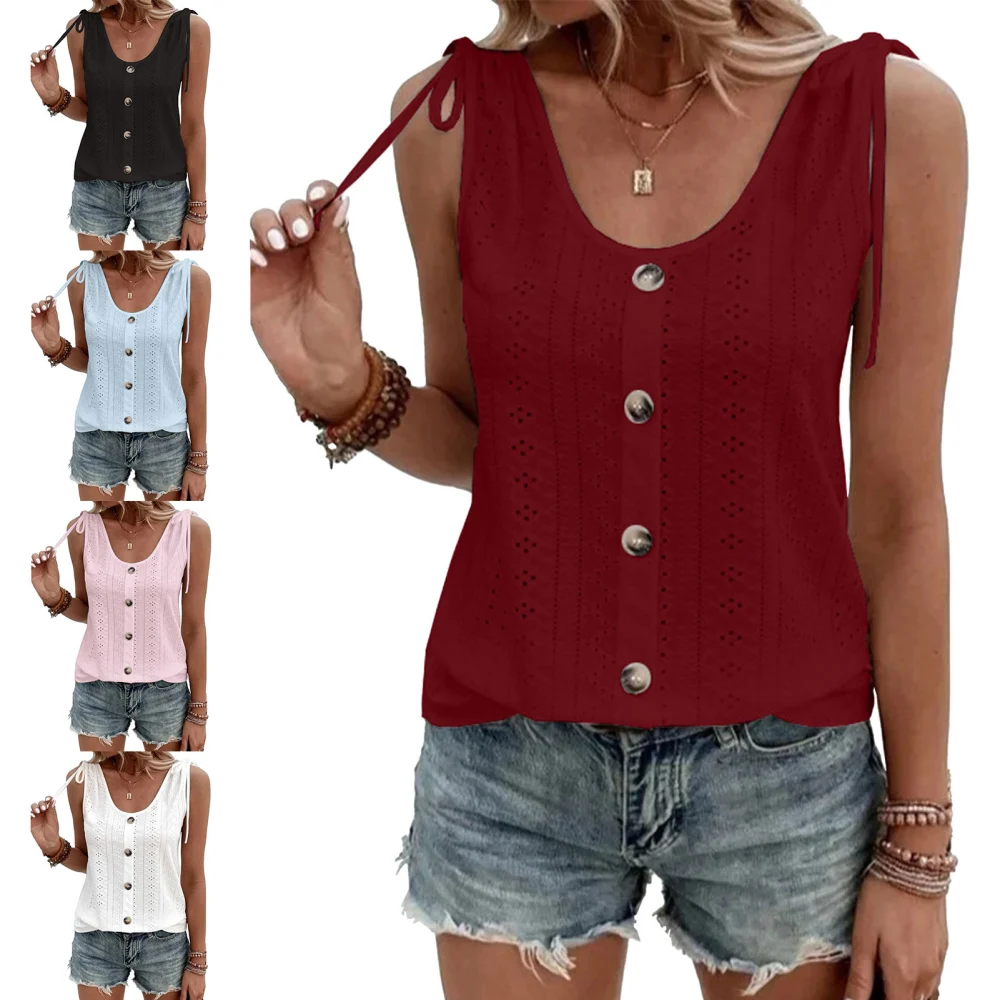 Women Summer Top Eyelet Sleeveless U Neck Pure Color Single Breasted Tie Shoulder Shirt Top Burgundy XL