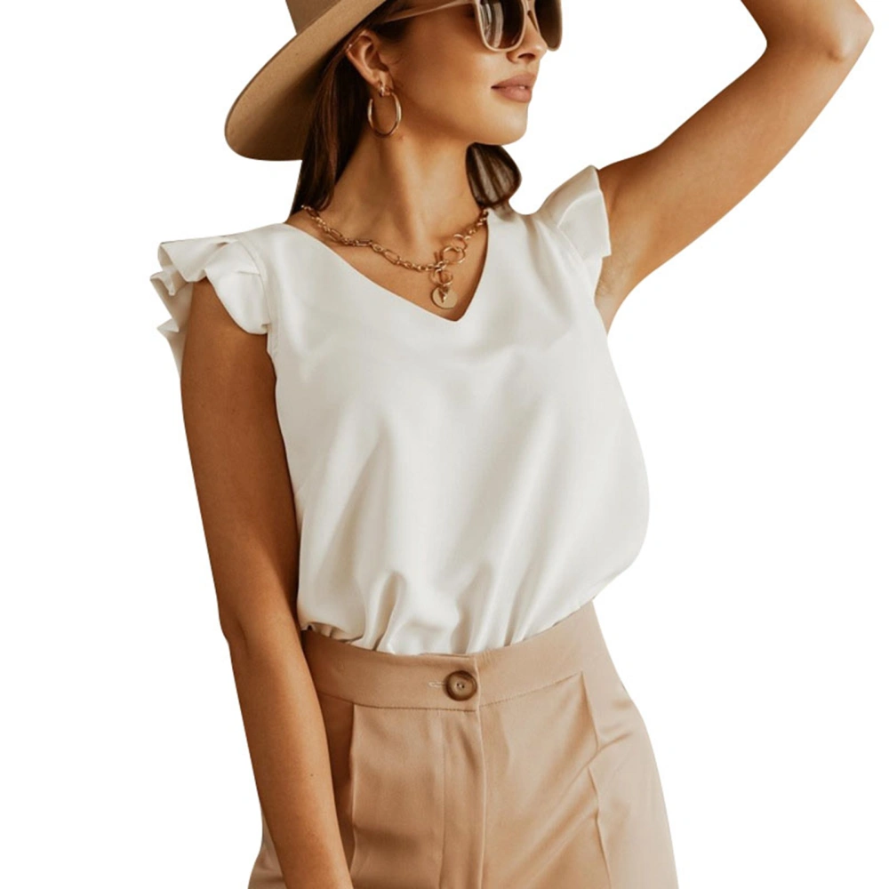 Women Ruffle Cap Sleeve Top Casual Elegant Plain Color V Neck Shirt Blouse for Office Work Dating White S