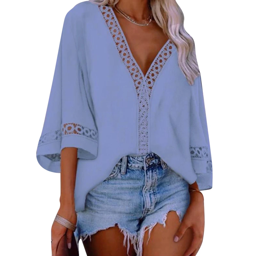 Plain Color Lace Crochet Top Women Fashionable Loose Casual V Neck Hollow Shirt Blouse for Beach Party Skyblue XL