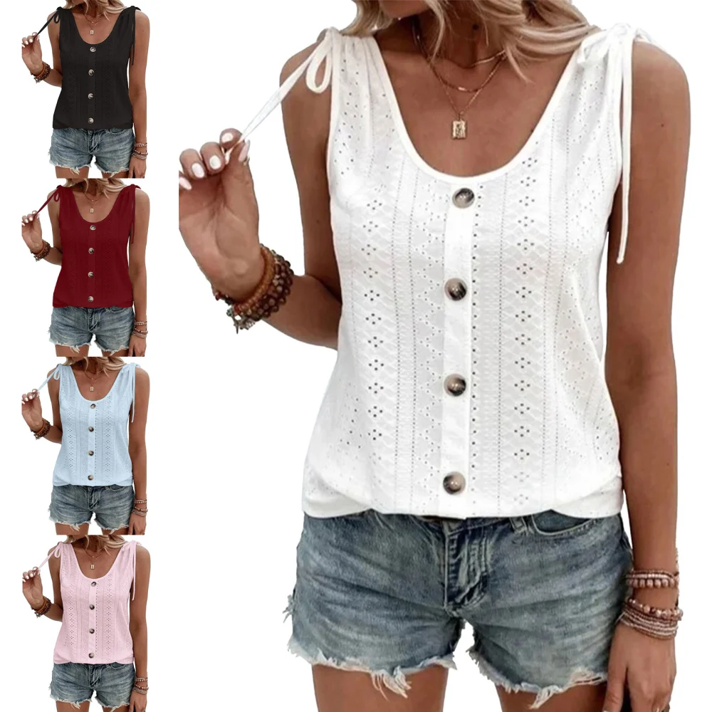 Women Summer Top Eyelet Sleeveless U Neck Pure Color Single Breasted Tie Shoulder Shirt Top White XXL