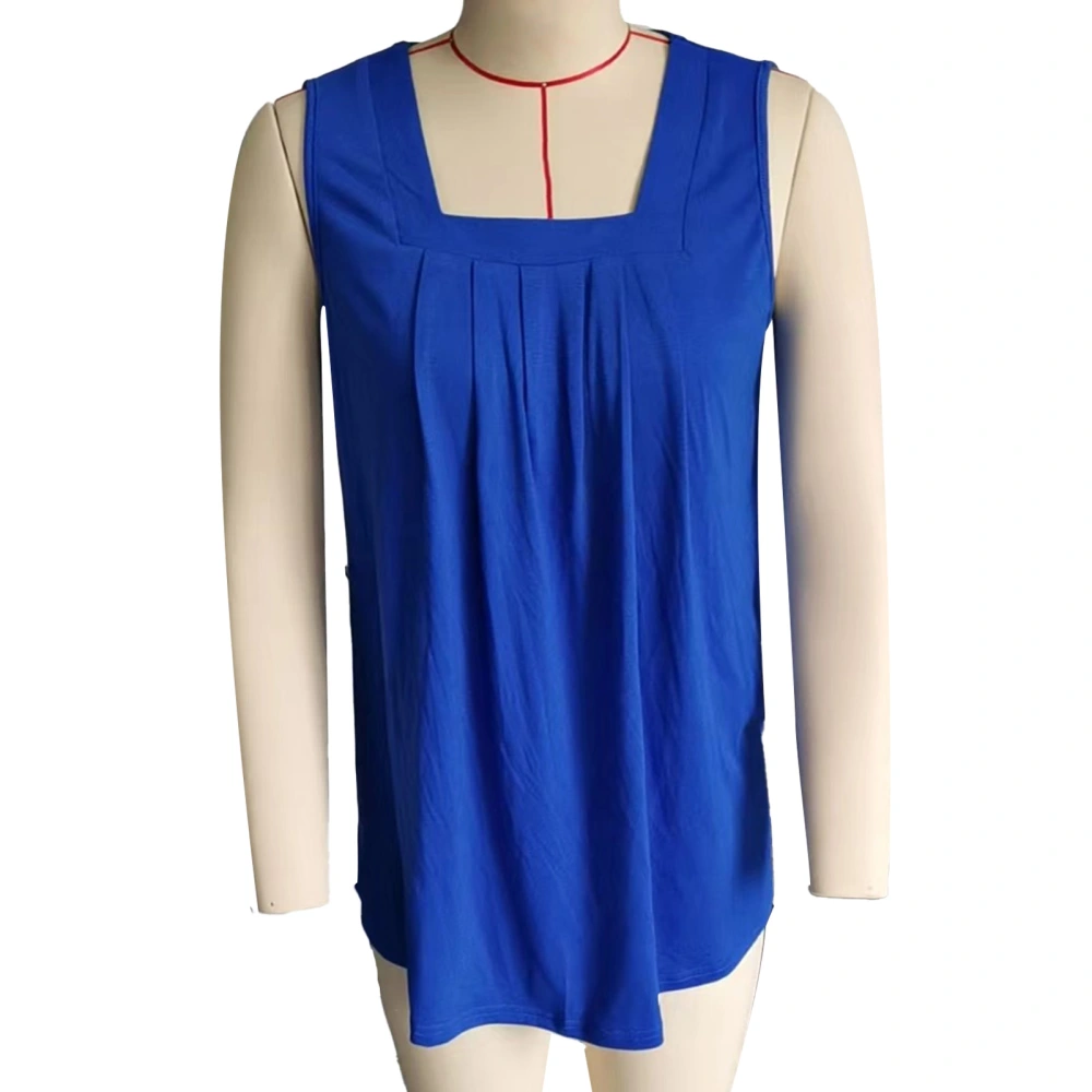 Women Tank Top Front Pleated Trim Loose Fitting Pure Color Summer Sleeveless Vest for Daily Wear Blue L