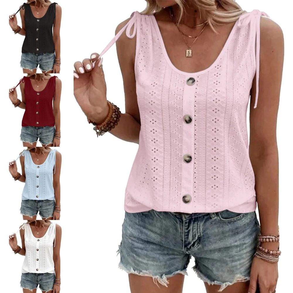 Women Summer Top Eyelet Sleeveless U Neck Pure Color Single Breasted Tie Shoulder Shirt Top Pink M