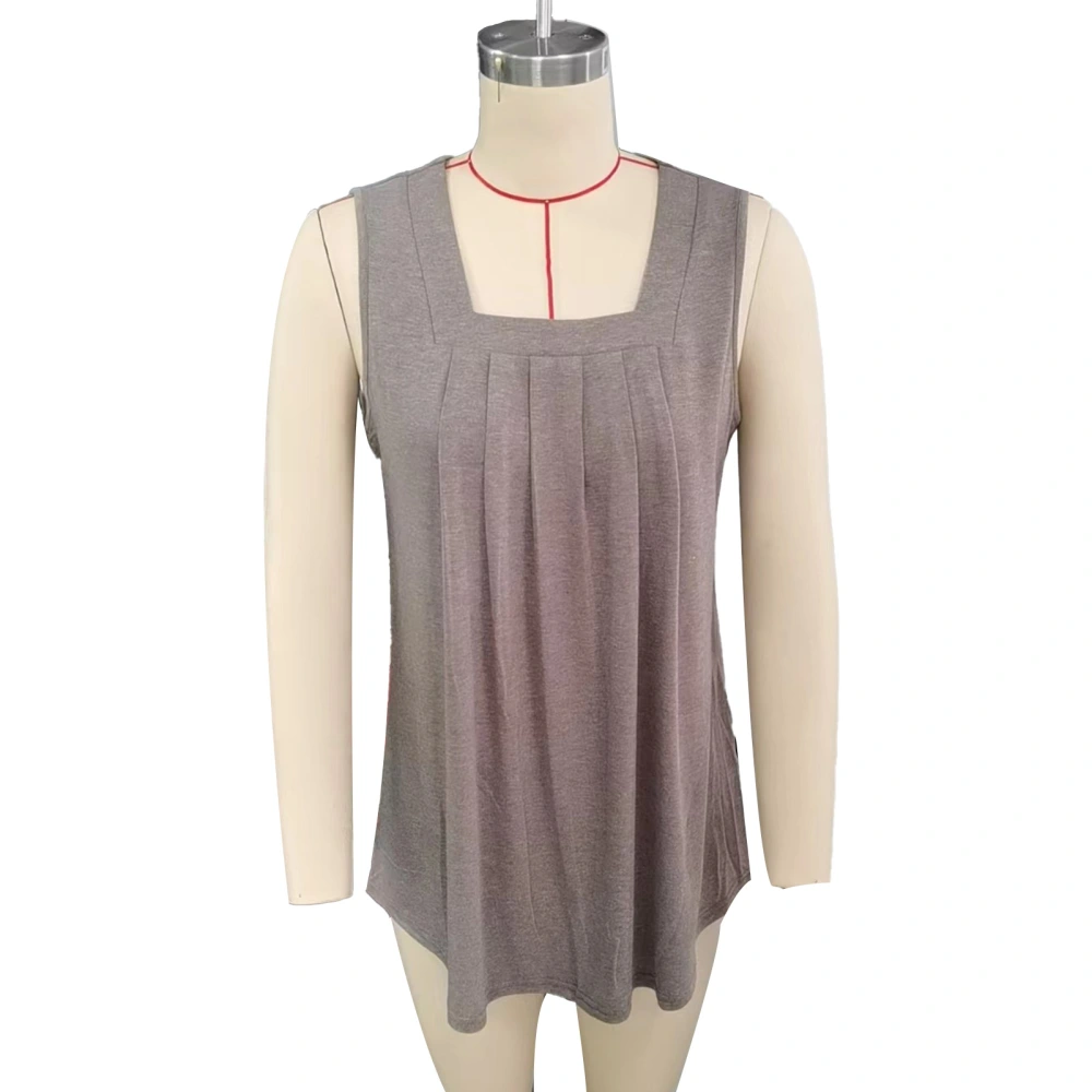 Women Tank Top Front Pleated Trim Loose Fitting Pure Color Summer Sleeveless Vest for Daily Wear Taupe Brown M