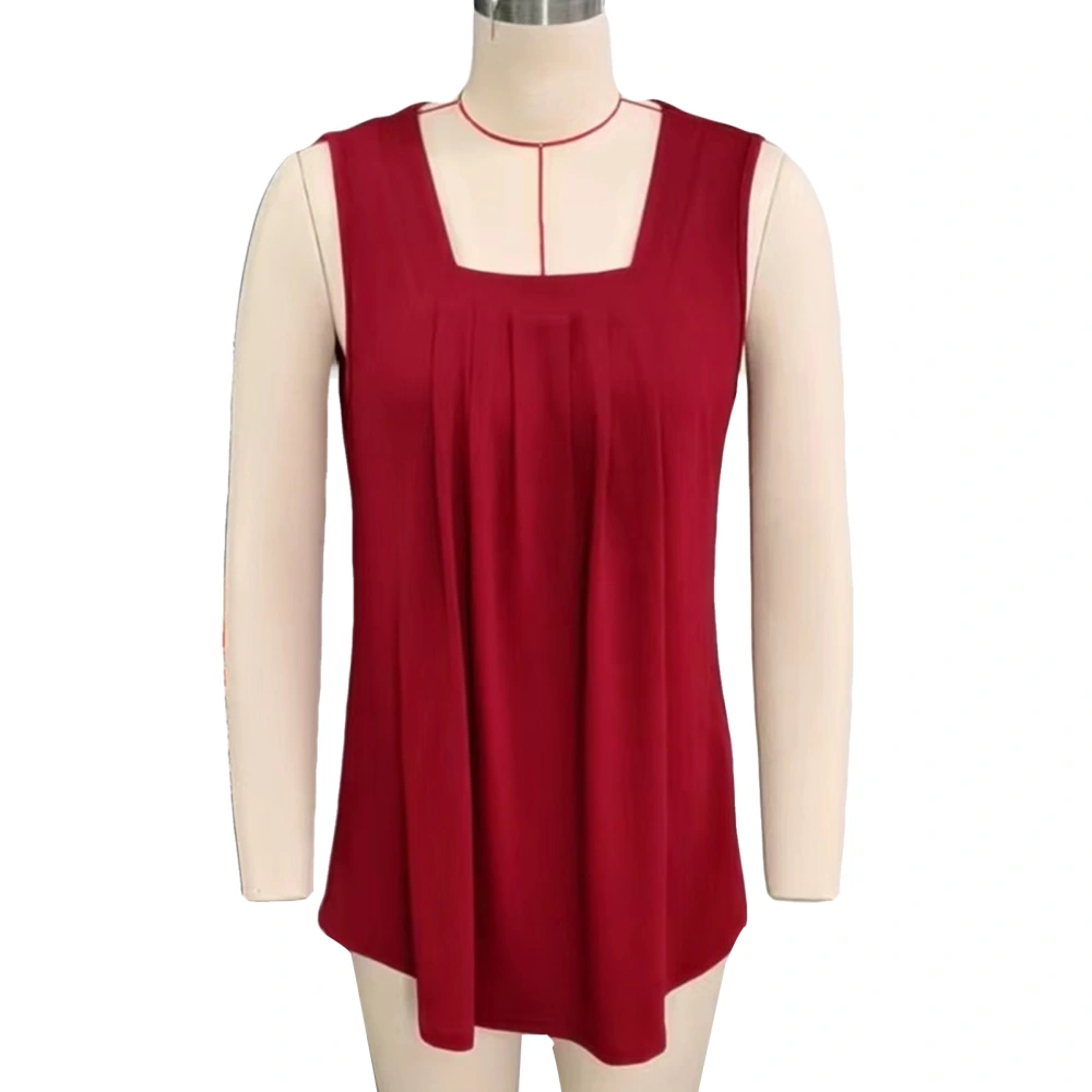 Women Tank Top Front Pleated Trim Loose Fitting Pure Color Summer Sleeveless Vest for Daily Wear Wine Red XXL