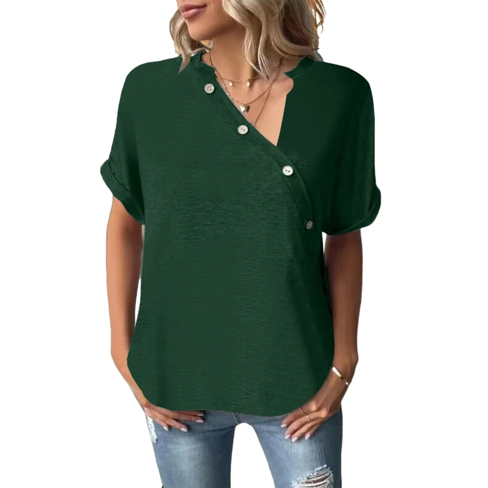 Women Top Short Roll Sleeves Shirt Irregular Neck Curved Hem Blouse Button Pure Color Shirt Green L