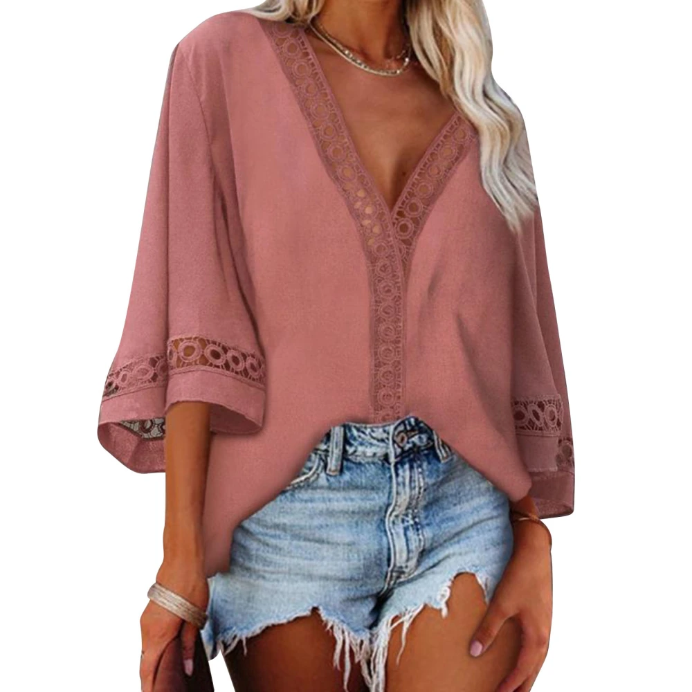 Plain Color Lace Crochet Top Women Fashionable Loose Casual V Neck Hollow Shirt Blouse for Beach Party Pink M