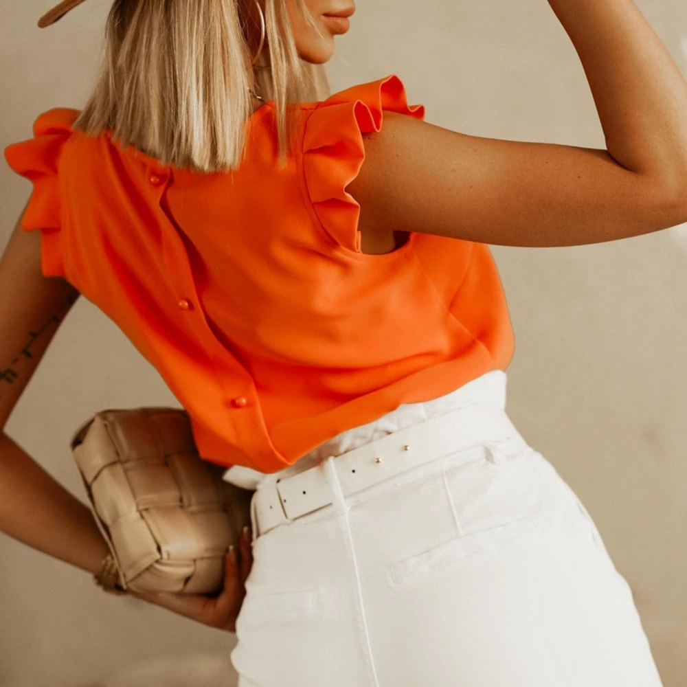 Women Ruffle Cap Sleeve Top Casual Elegant Plain Color V Neck Shirt Blouse for Office Work Dating Orange S