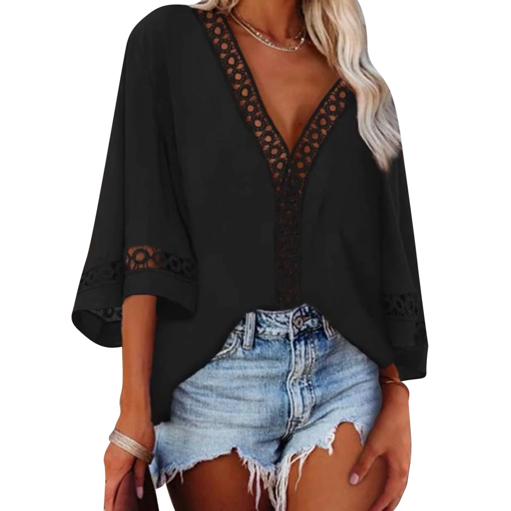 Plain Color Lace Crochet Top Women Fashionable Loose Casual V Neck Hollow Shirt Blouse for Beach Party Black S