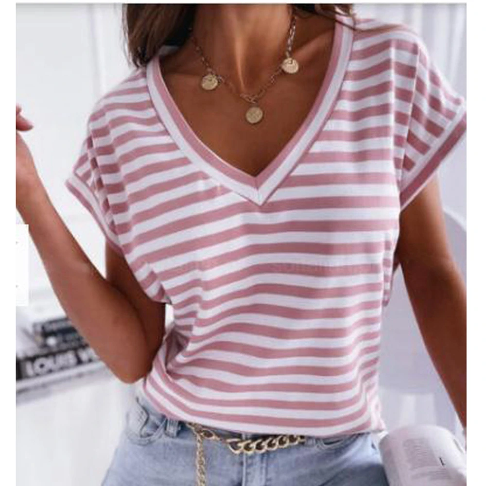 Stripe Short Sleeve Blouse Printed V Neck Casual Fitted Short Sleeve Blouse for Women Lady Summer Pink XXL