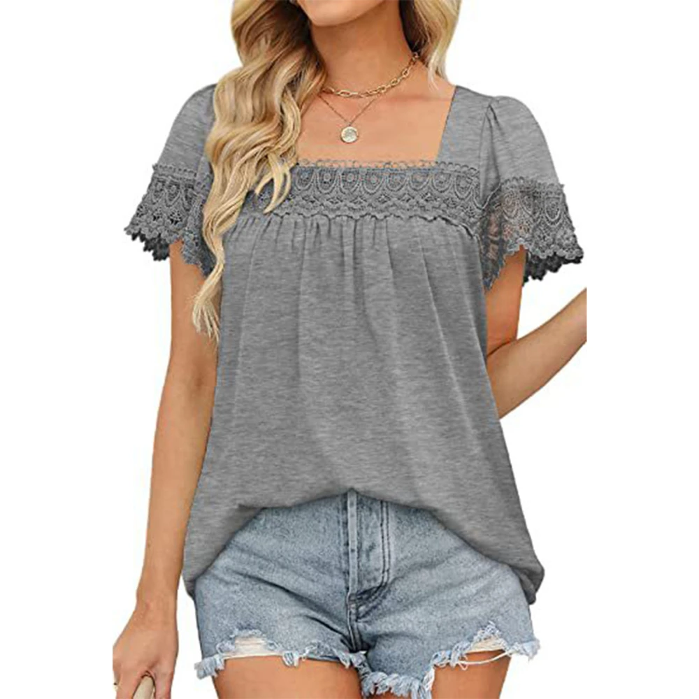 Women Short Sleeve Shirt Lace Patchwork Pure Color Comfortable Stretch Fashionable Short Lace Sleeve Shirt Top Light Gray XL