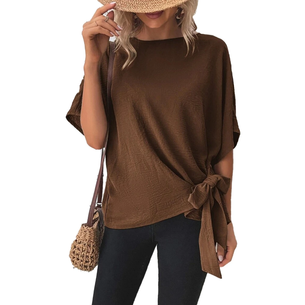 Women Short Sleeve Shirt Round Neck Tie Knot Hem Pure Color Loose Fit Casual Lady Top for Dating Shopping Daily Brown XL